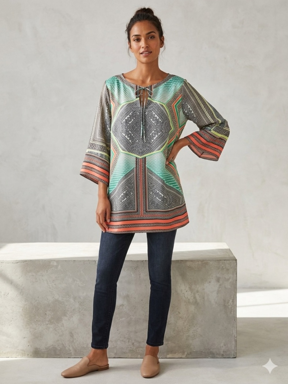 Calvin Klein Multicolor Geo-Print Tunic Top in Teal, Coral & Black size L/XL